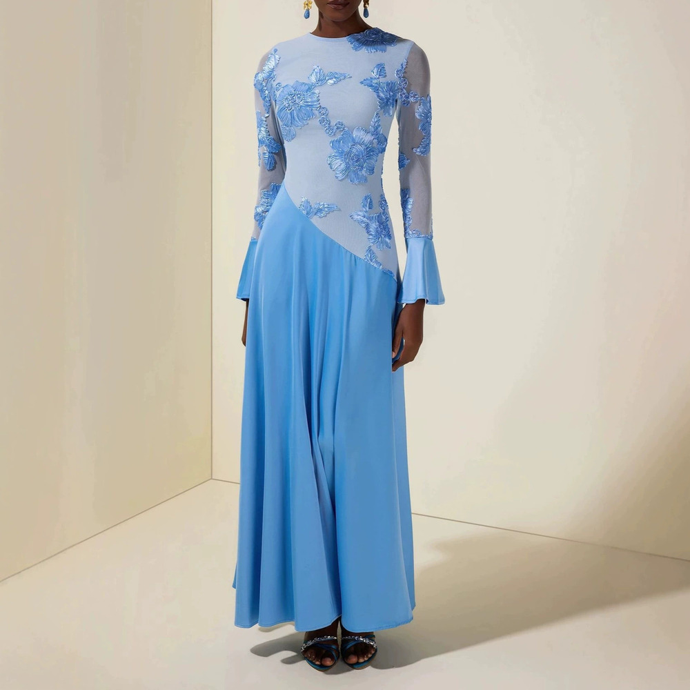 Forever 21 Elegant Sky Blue Bell Sleeve Round-Neck Patchwork Maxi Dress